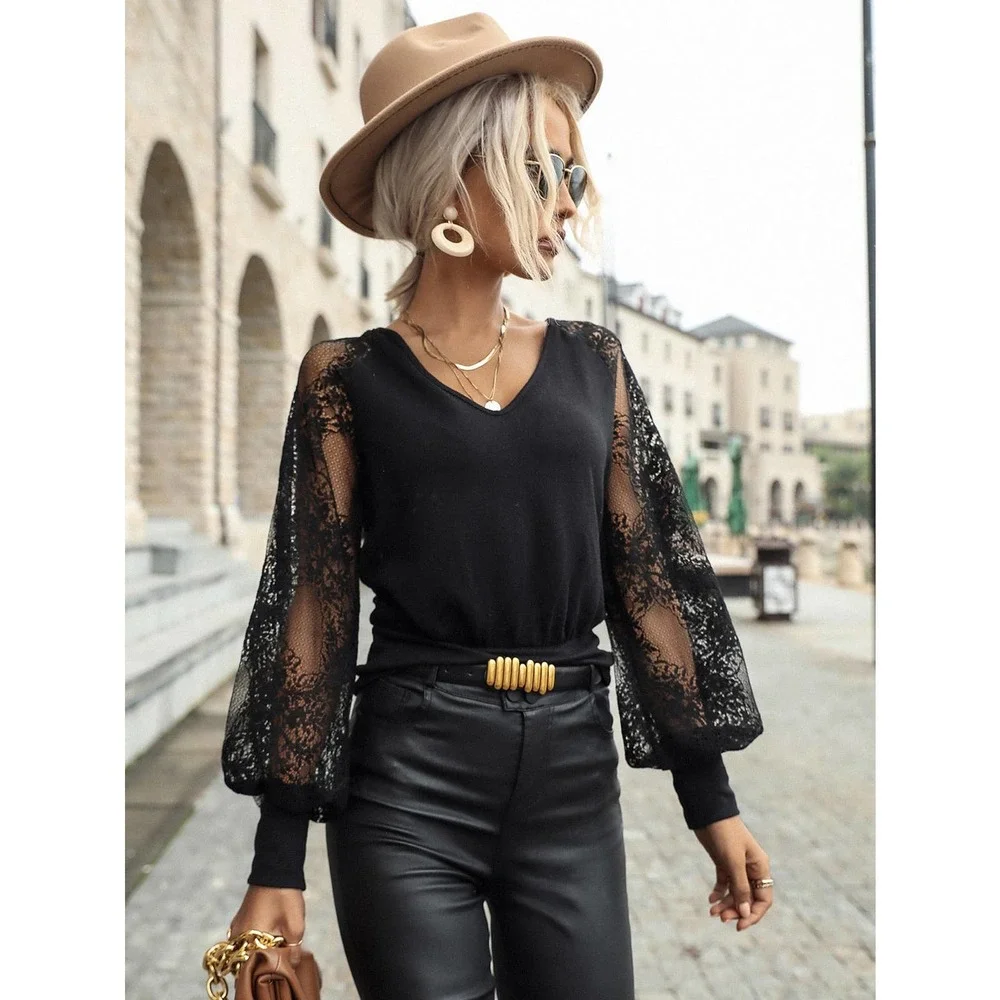 Floral Lace long sleeve Tie Back Lantern sheer long Sleeve Top black - Picture 1 of 6